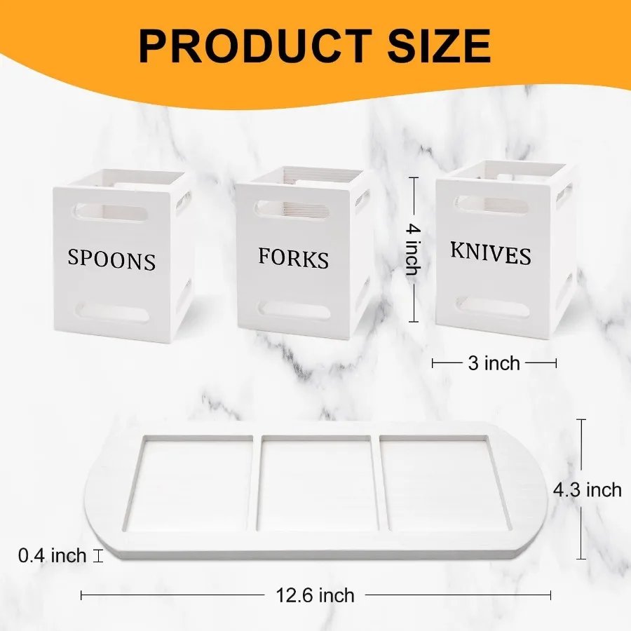 Wooden Flatware Silverware Caddy with White Wood Tray for Kitchen Counter and Tabletop Stylish Utensils Holder for Forks Knives