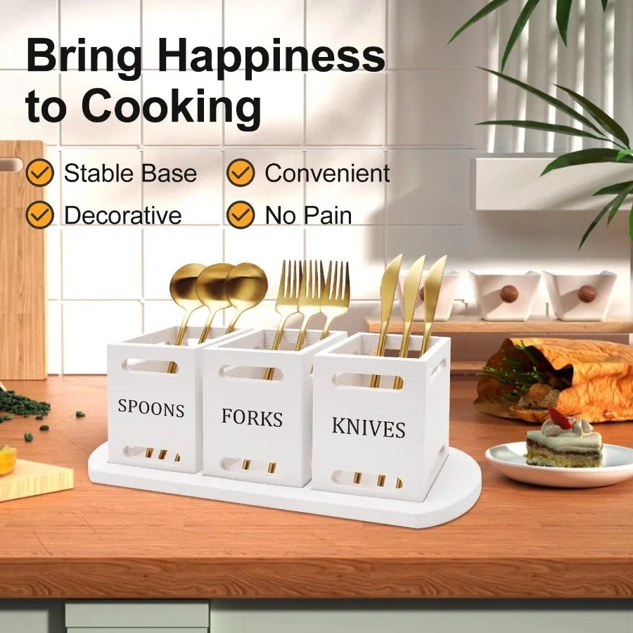 Wooden Flatware Silverware Caddy with White Wood Tray for Kitchen Counter and Tabletop Stylish Utensils Holder for Forks Knives