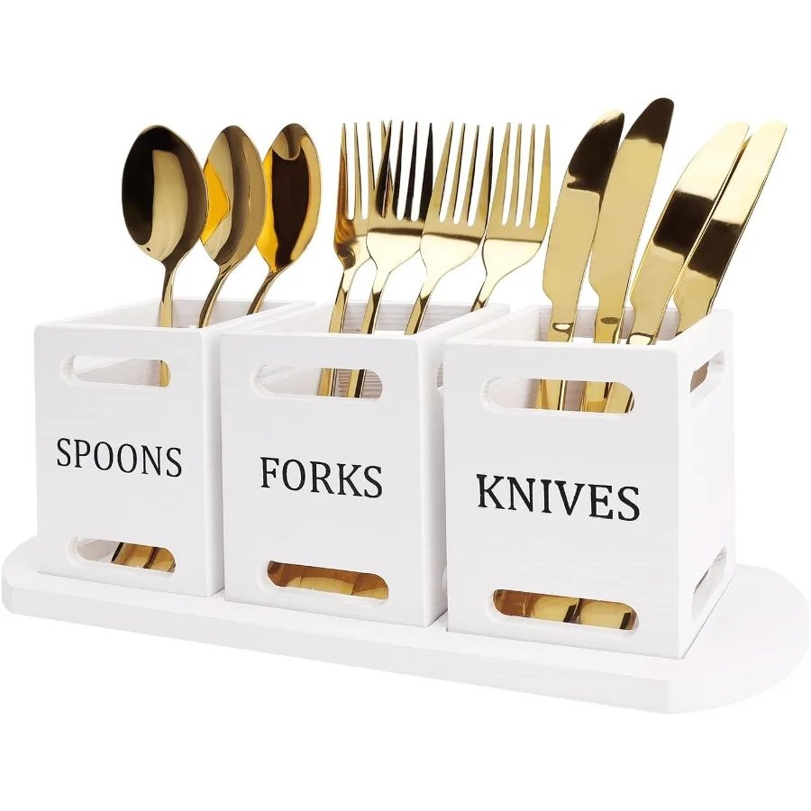 Wooden Flatware Silverware Caddy with White Wood Tray for Kitchen Counter and Tabletop Stylish Utensils Holder for Forks Knives