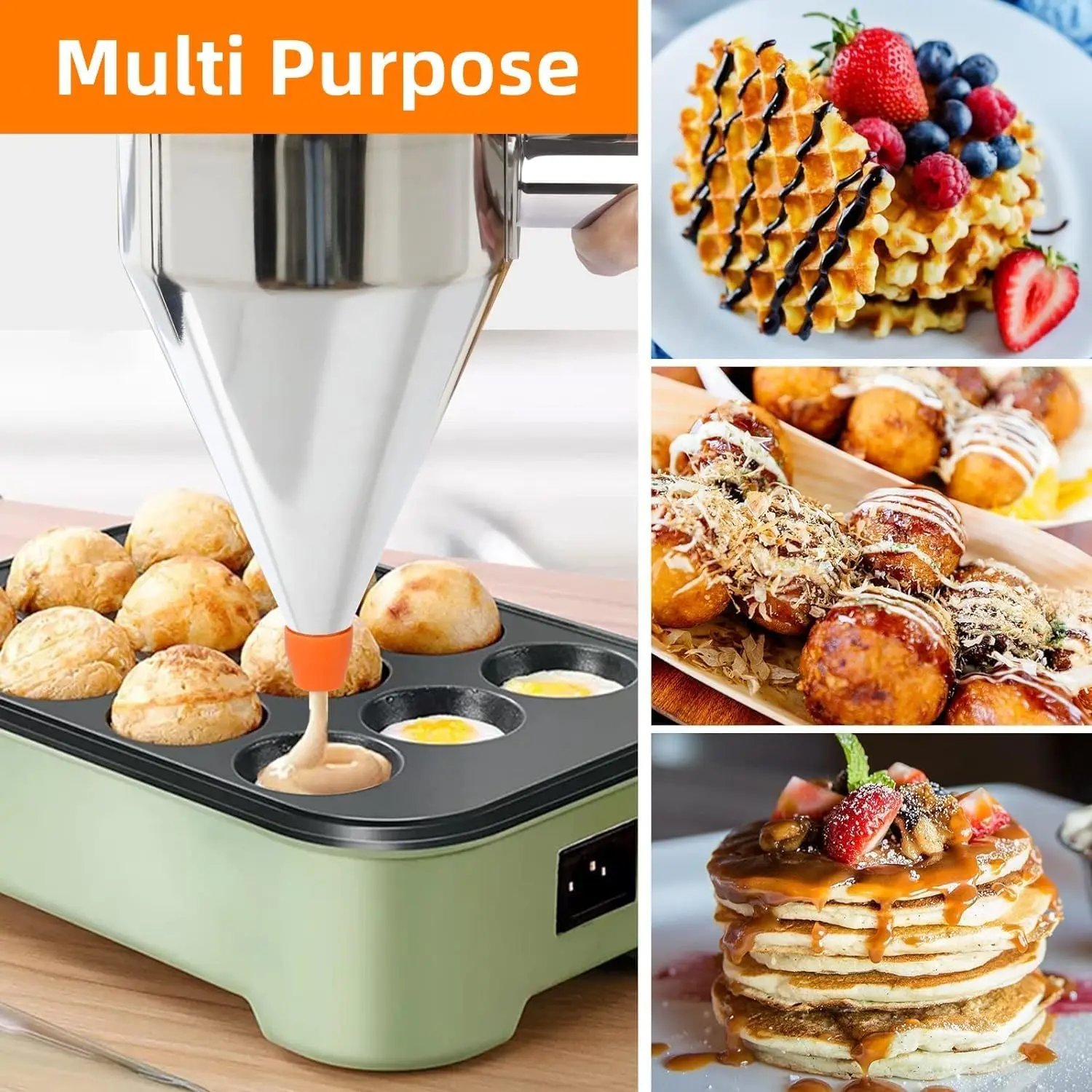 Pancake Batter Dispenser with 4 Nozzles Multi-Caliber Stainless Steel Funnel Cake Dispenser with Stand Great for Baked Goods