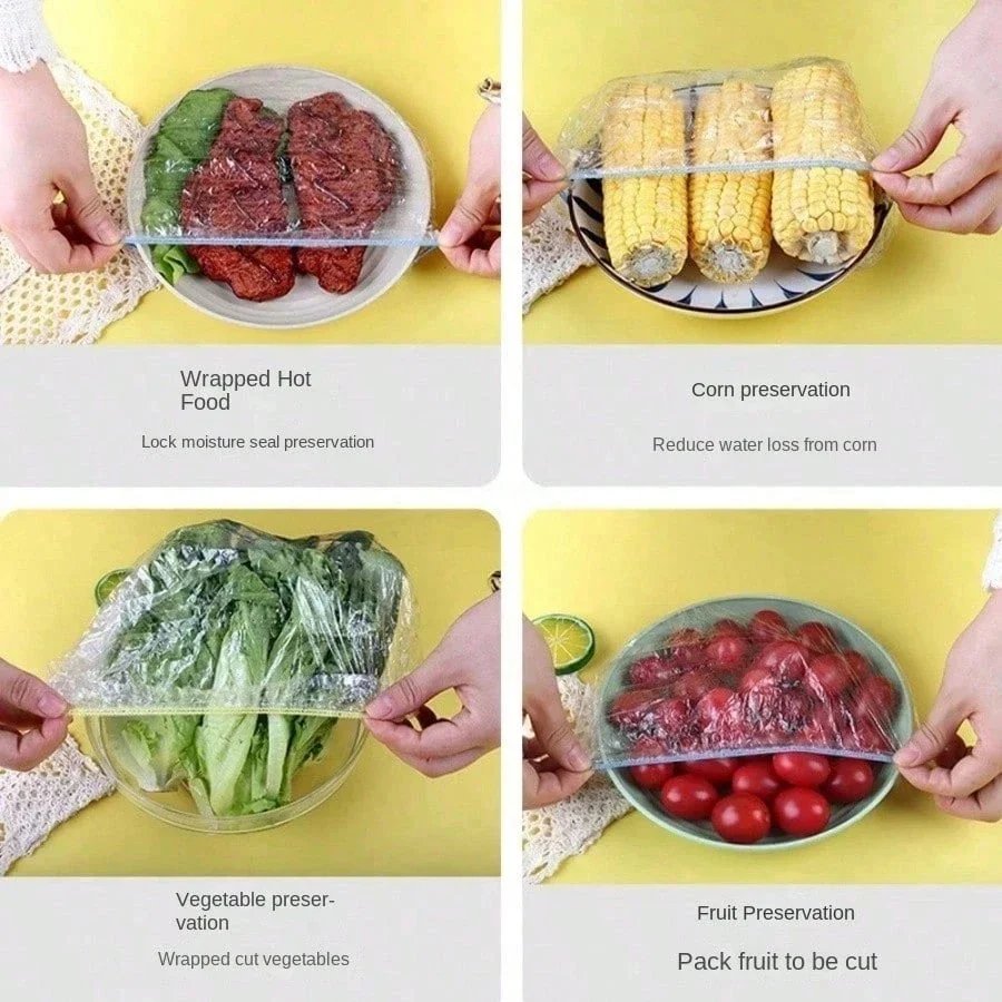 100PCS Multi-Use Food Covers, Thickened Elastic Plastic Wrap for Fresh Food Storage, Kitchen, Shoes - Highly Stretchable