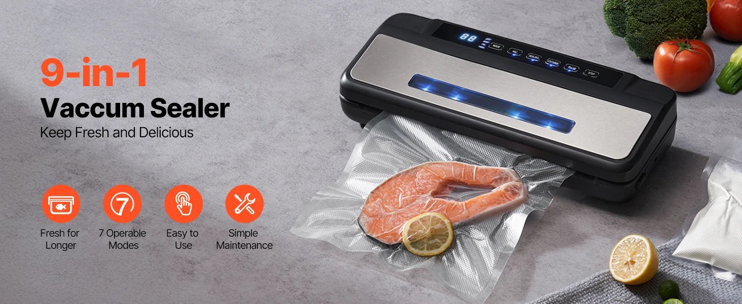 SucceBuy 80Kpa 120W Electric Vacuum Sealer Machine 7-in-1 Wet Food Sealer with Built-in Cutter Knife for Kitchen Food Storage