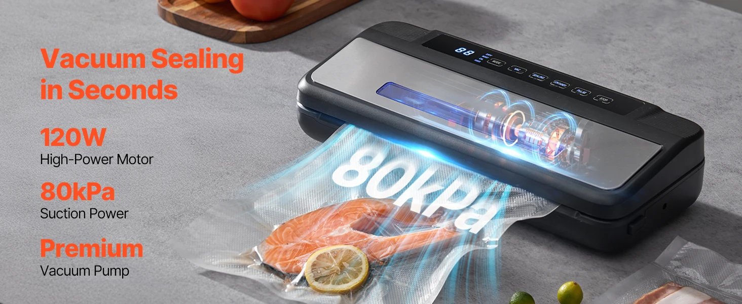 SucceBuy 80Kpa 120W Electric Vacuum Sealer Machine 7-in-1 Wet Food Sealer with Built-in Cutter Knife for Kitchen Food Storage
