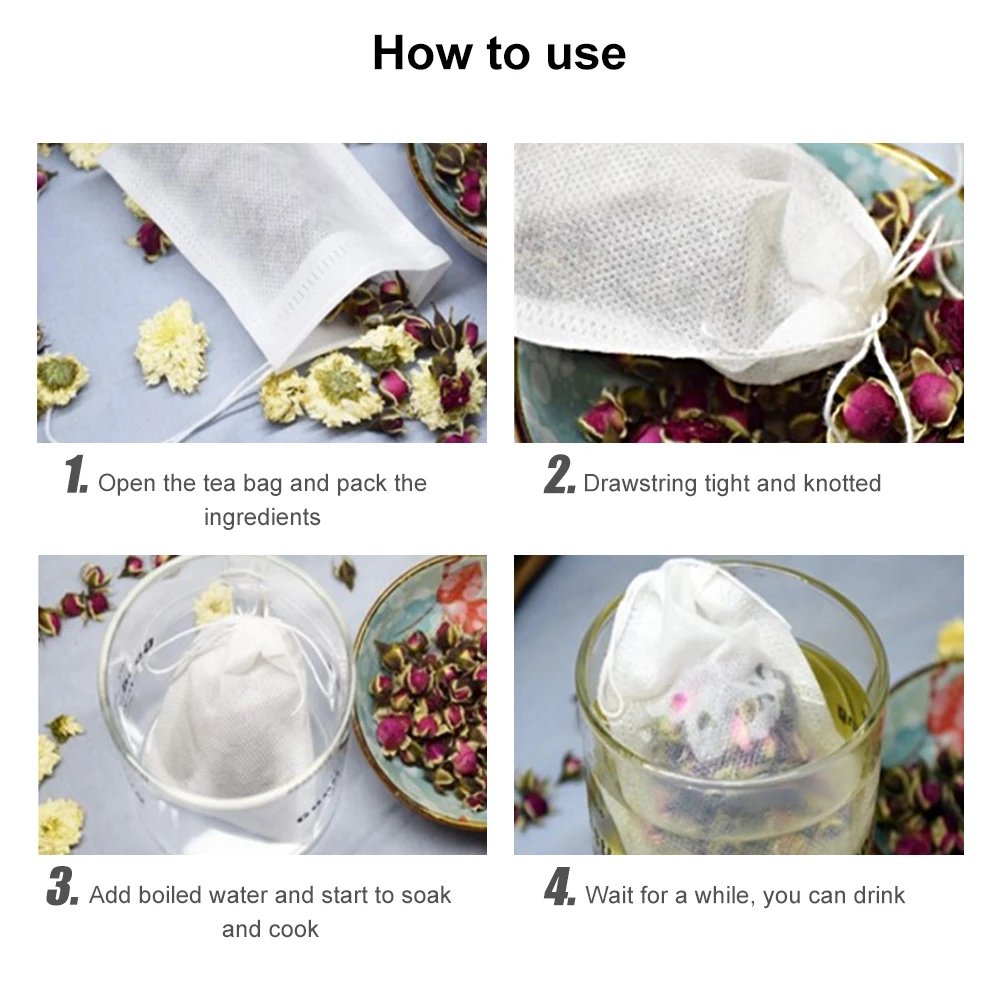 Food Grade 100Pcs Empty Non-woven Coffee Tea Bags Infuser Herb Loose Spice Filters Fabric Teabags Heat Seal With String Pepper
