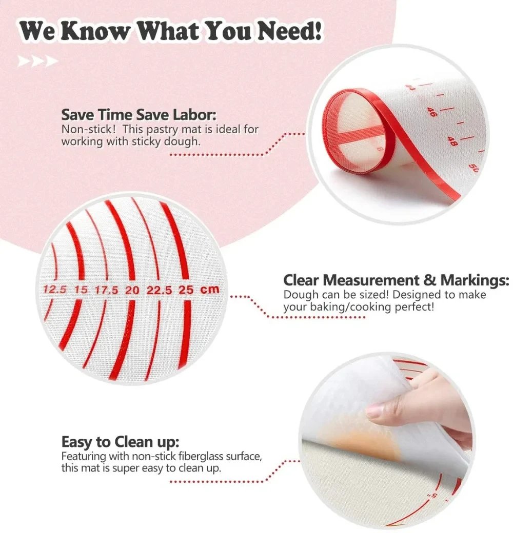 Silicone Pastry Mat Extra Thick Non Stick Baking Mat with Measurement Kitchen Fondant Dough Rolling Mat
