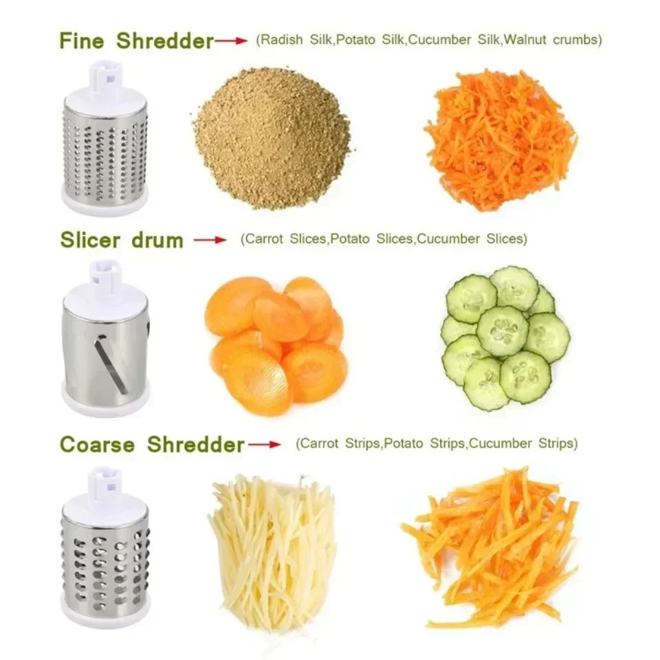 Vegetable Cutter & Slicer Manual Kitchen Cheese Chopper Machine with 3 Sharp Drums Multifunctional Garlic Potato Shredder