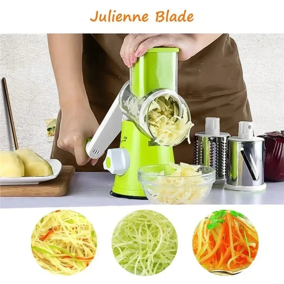Vegetable Cutter & Slicer Manual Kitchen Cheese Chopper Machine with 3 Sharp Drums Multifunctional Garlic Potato Shredder