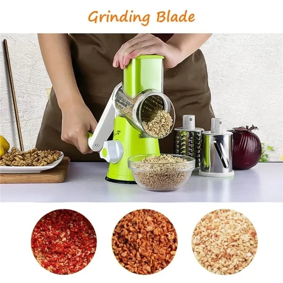 Vegetable Cutter & Slicer Manual Kitchen Cheese Chopper Machine with 3 Sharp Drums Multifunctional Garlic Potato Shredder