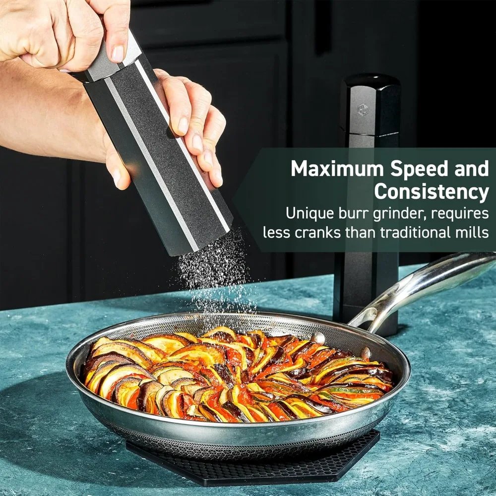 Fully upgraded Salt and Pepper Mill Set with Adjustable Professional Grinders and No-Mess Caps  Innovative design