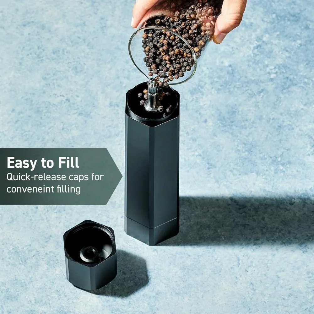 Fully upgraded Salt and Pepper Mill Set with Adjustable Professional Grinders and No-Mess Caps  Innovative design
