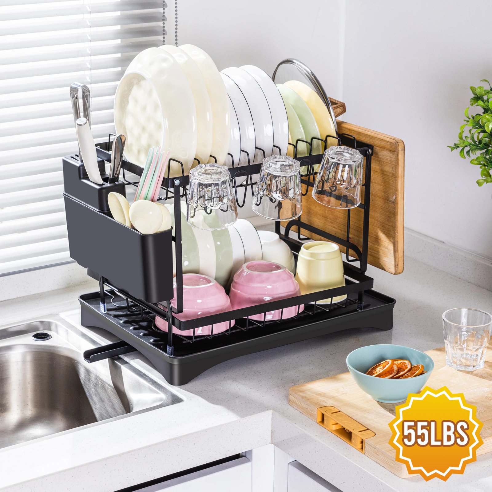 Deli 2-Tier Metal Dish Drying Rack for Kitchen Counter & Sink,with Utensil Holder,Cutting Board Storage, Dishwasher Drainer Rack