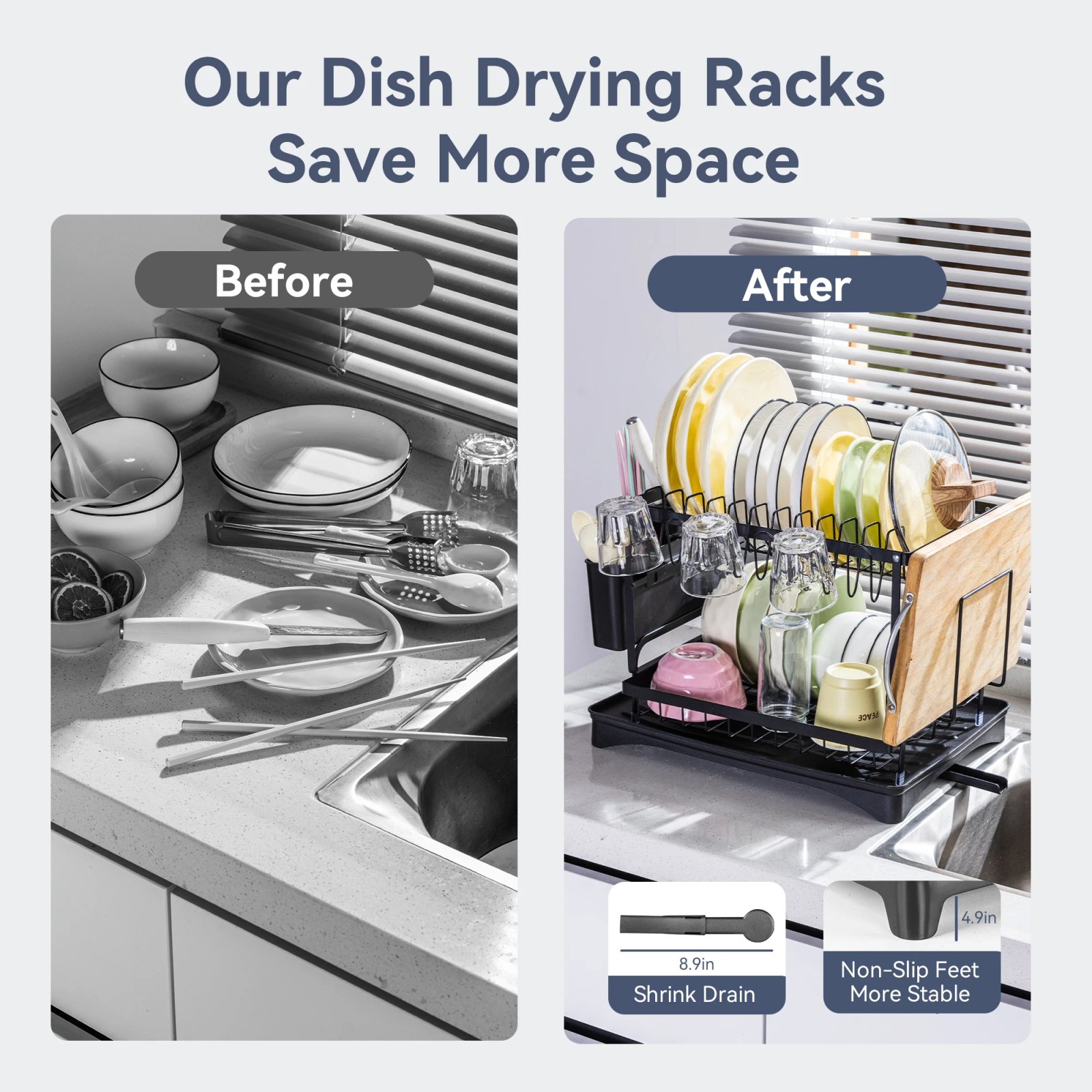 Deli 2-Tier Metal Dish Drying Rack for Kitchen Counter & Sink,with Utensil Holder,Cutting Board Storage, Dishwasher Drainer Rack