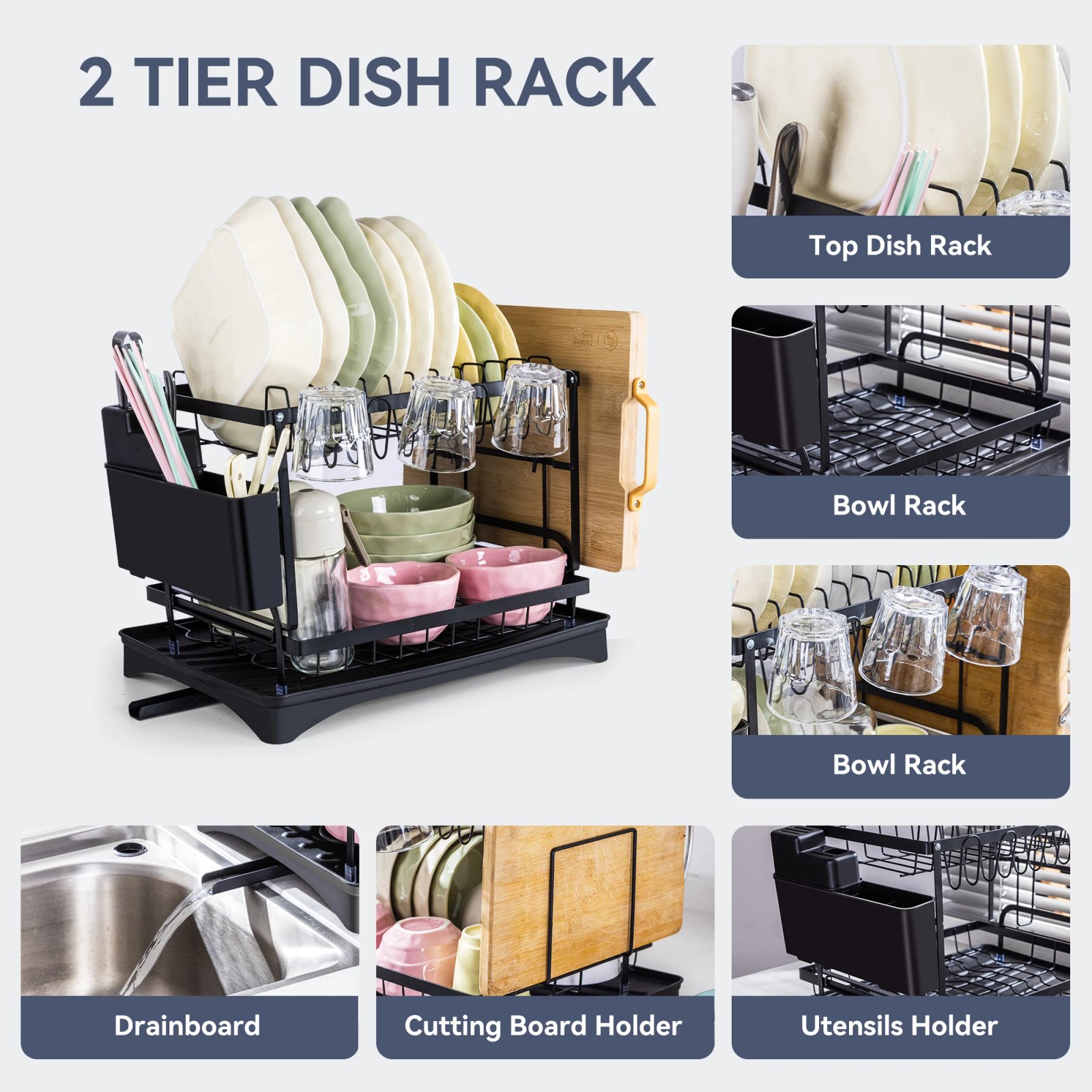Deli 2-Tier Metal Dish Drying Rack for Kitchen Counter & Sink,with Utensil Holder,Cutting Board Storage, Dishwasher Drainer Rack