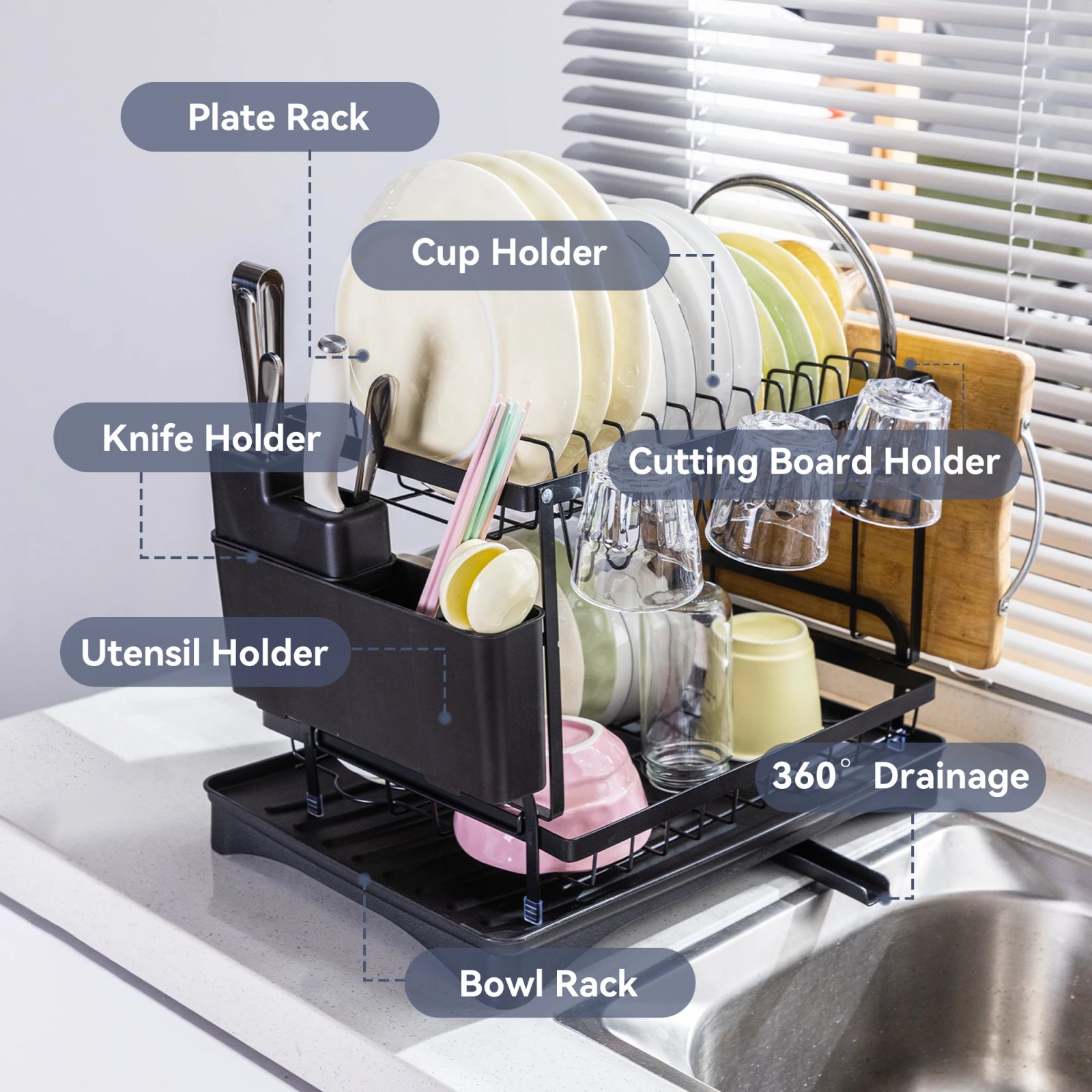 Deli 2-Tier Metal Dish Drying Rack for Kitchen Counter & Sink,with Utensil Holder,Cutting Board Storage, Dishwasher Drainer Rack