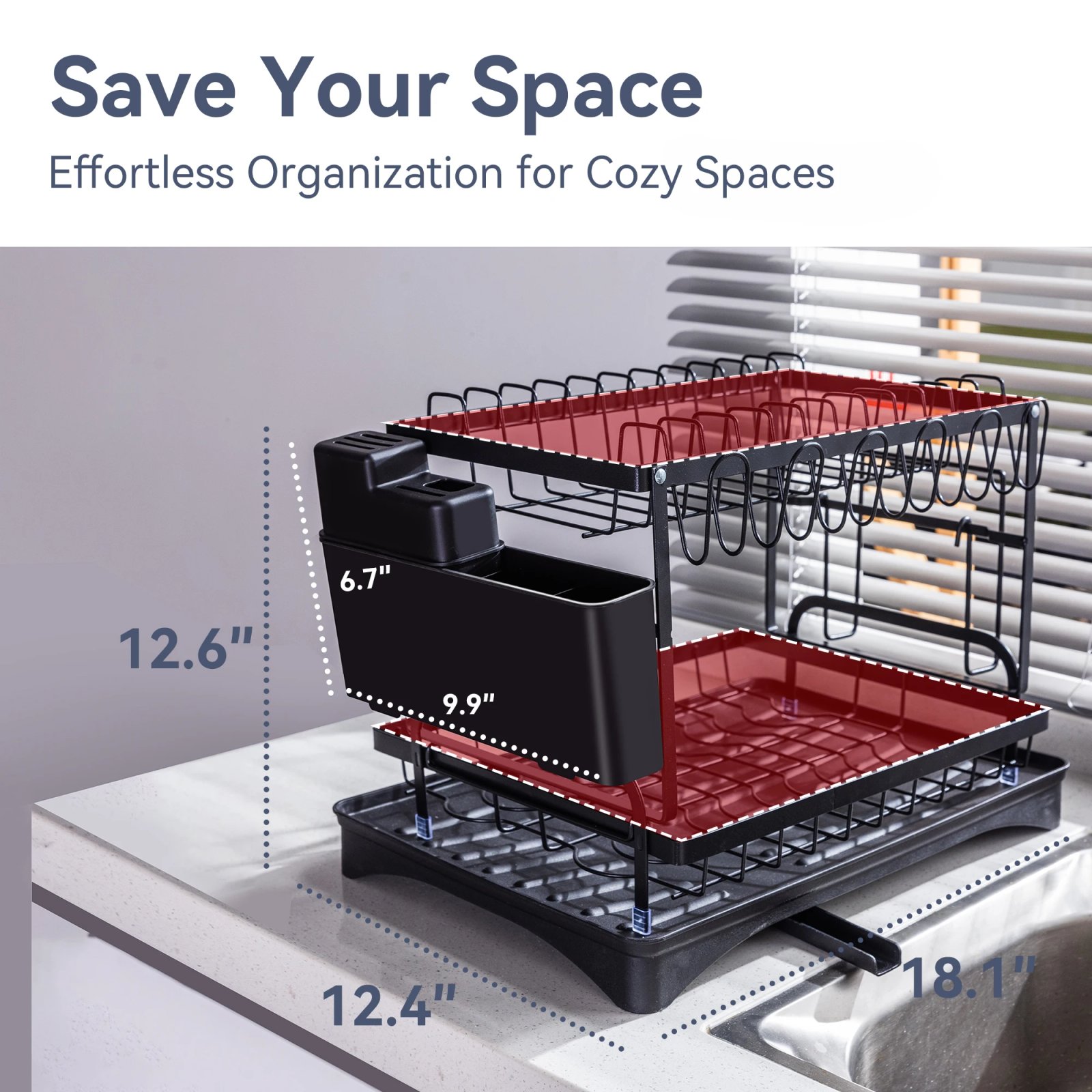 Deli 2-Tier Metal Dish Drying Rack for Kitchen Counter & Sink,with Utensil Holder,Cutting Board Storage, Dishwasher Drainer Rack