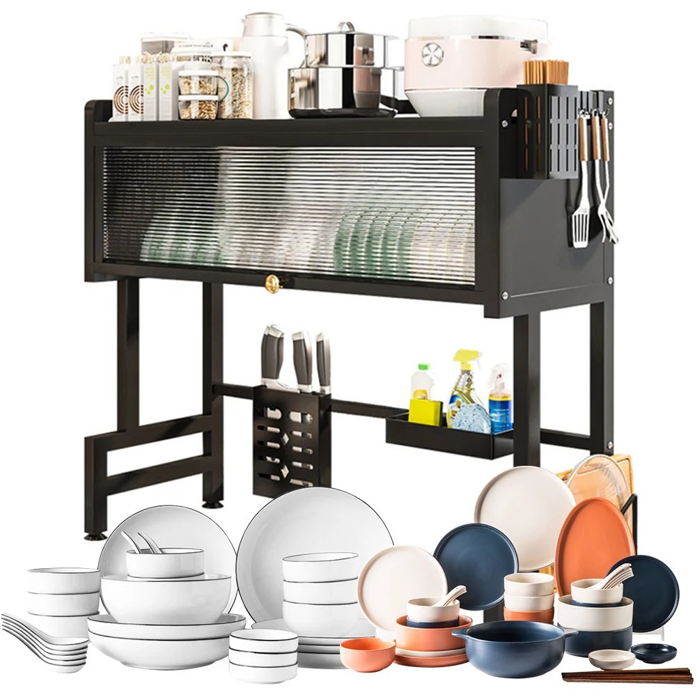 Multi Organizer Cabinet Steel Over The Sink Dish Drying Rack 3-Tier Utensil Cup Holder Large Over The Sink Dish Rack with Cover