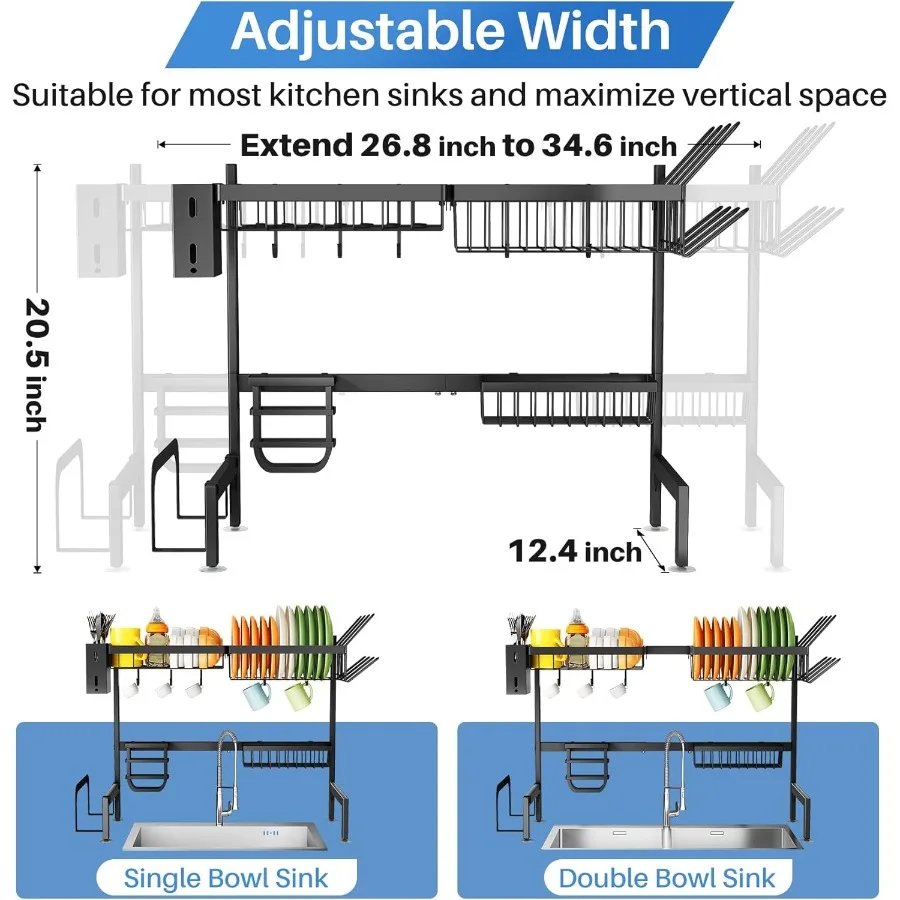 Over The Sink Dish Drying Rack Adjustable Dish Rack for Kitchen Counter Metal Black