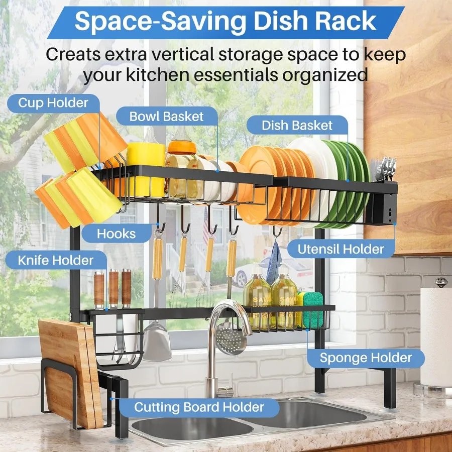 Over The Sink Dish Drying Rack Adjustable Dish Rack for Kitchen Counter Metal Black