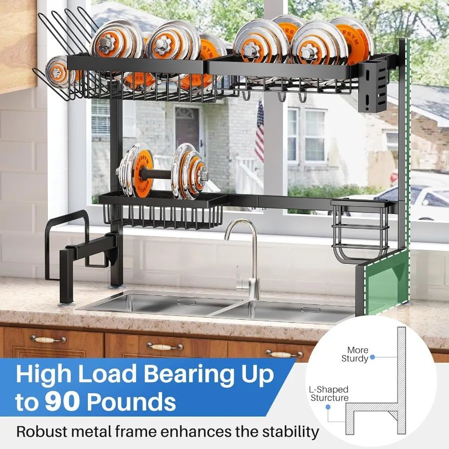 Over The Sink Dish Drying Rack Adjustable Dish Rack for Kitchen Counter Metal Black