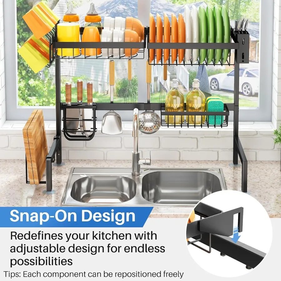 Over The Sink Dish Drying Rack Adjustable Dish Rack for Kitchen Counter Metal Black