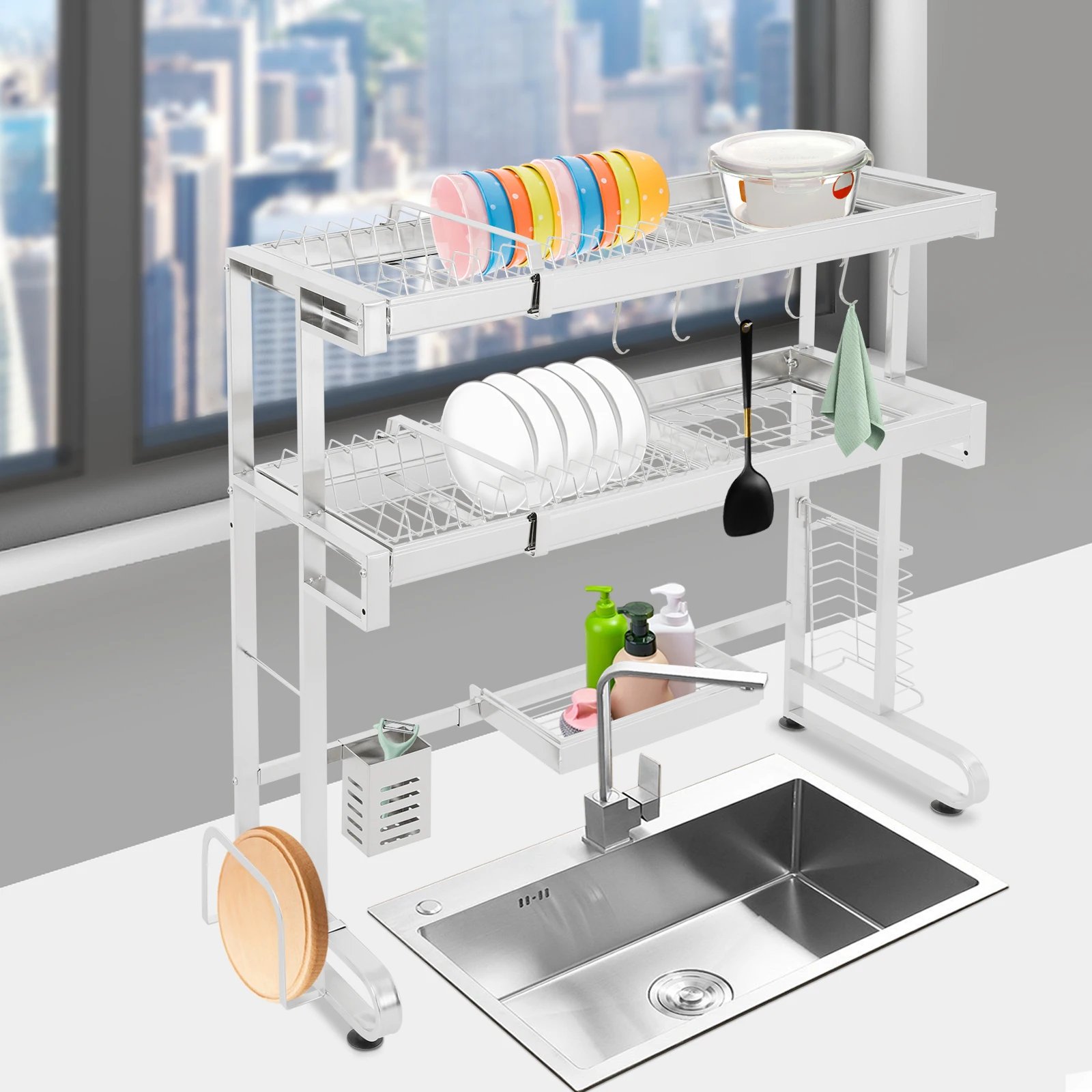 1/2-Tier Over Sink Dish Drying Rack Stainless Steel Dish Drying Rack Expandable Over Kitchen Sink Organizer