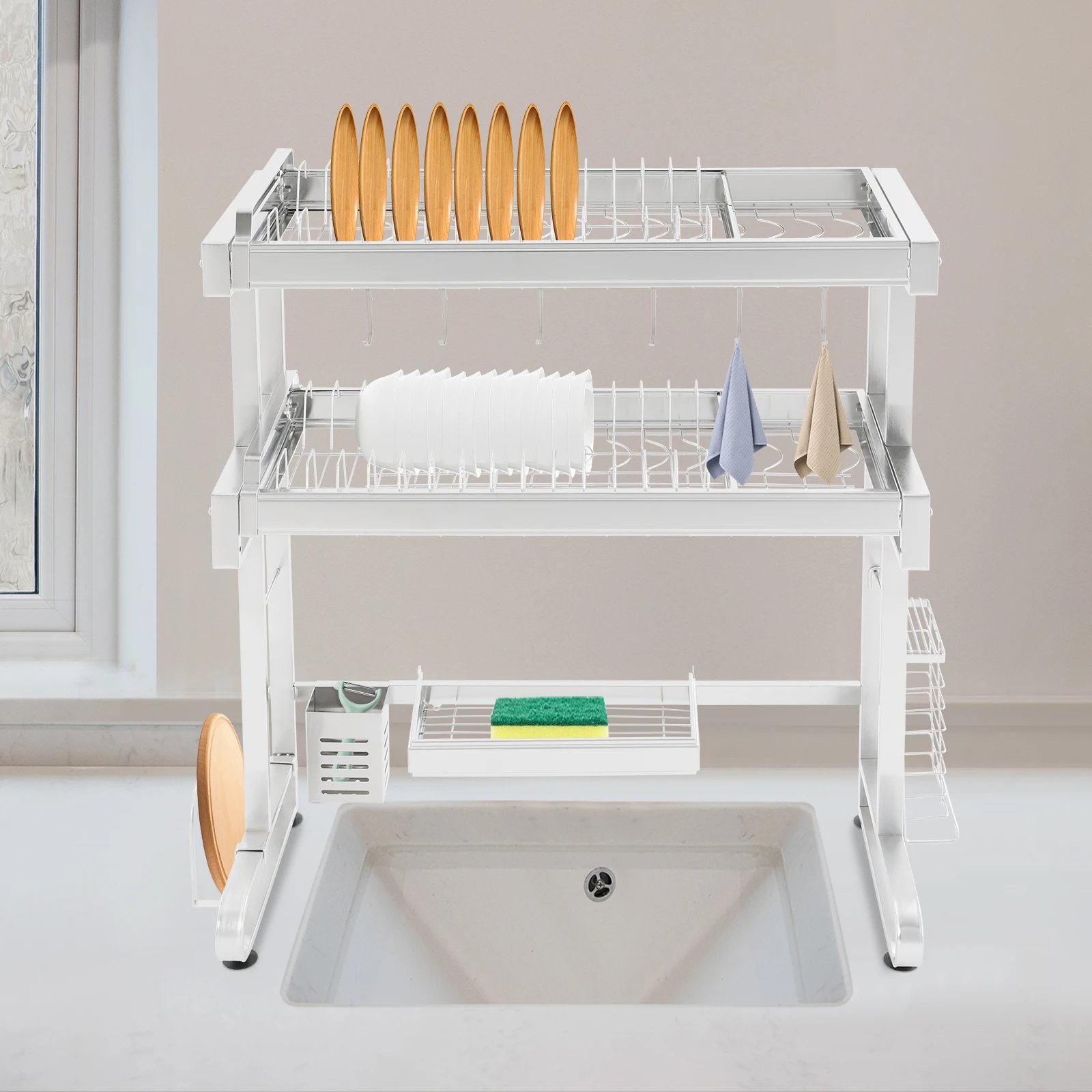 1/2-Tier Over Sink Dish Drying Rack Stainless Steel Dish Drying Rack Expandable Over Kitchen Sink Organizer