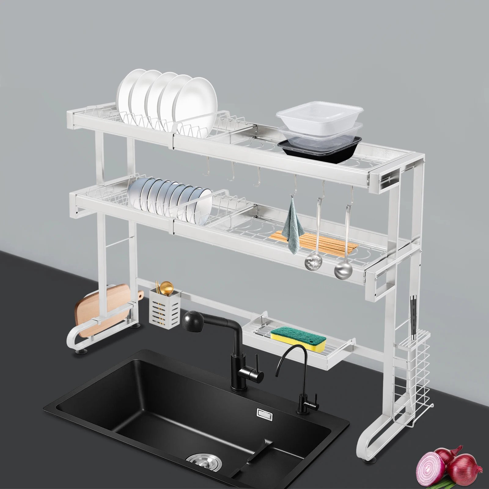 1/2-Tier Over Sink Dish Drying Rack Stainless Steel Dish Drying Rack Expandable Over Kitchen Sink Organizer