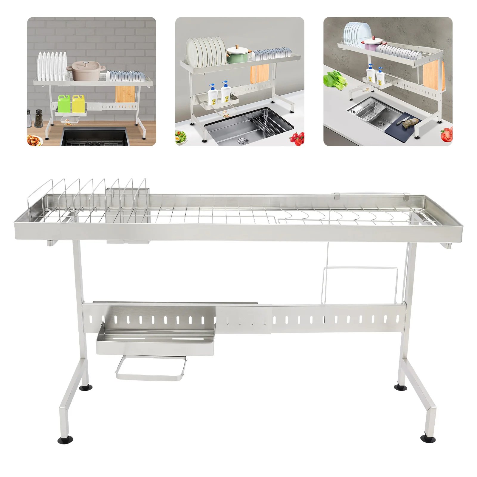 1/2-Tier Over Sink Dish Drying Rack Stainless Steel Dish Drying Rack Expandable Over Kitchen Sink Organizer