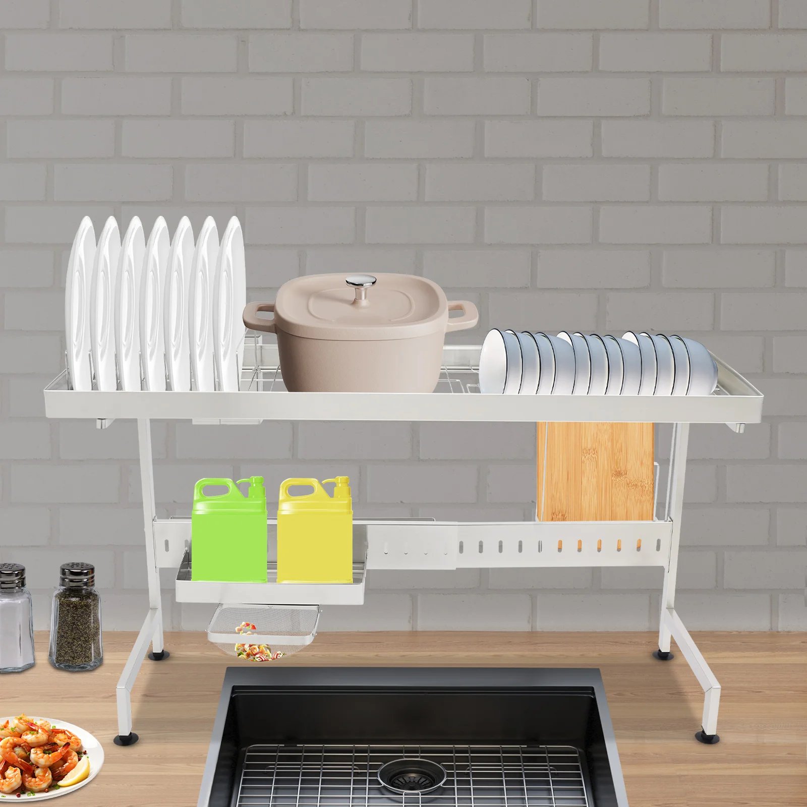 1/2-Tier Over Sink Dish Drying Rack Stainless Steel Dish Drying Rack Expandable Over Kitchen Sink Organizer