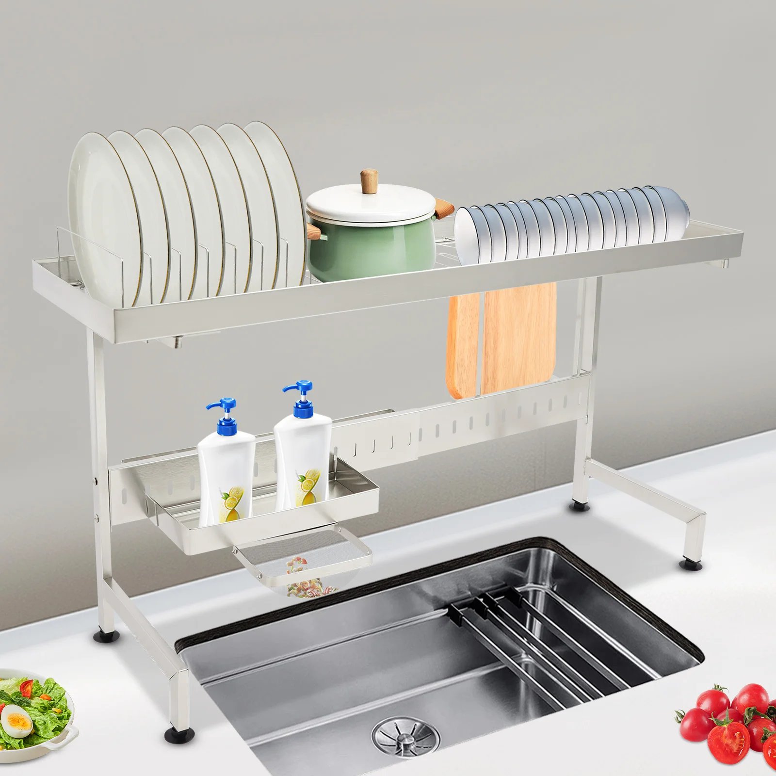 1/2-Tier Over Sink Dish Drying Rack Stainless Steel Dish Drying Rack Expandable Over Kitchen Sink Organizer