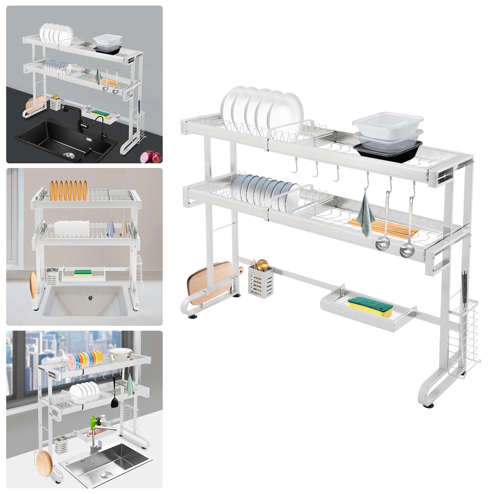 1/2-Tier Over Sink Dish Drying Rack Stainless Steel Dish Drying Rack Expandable Over Kitchen Sink Organizer