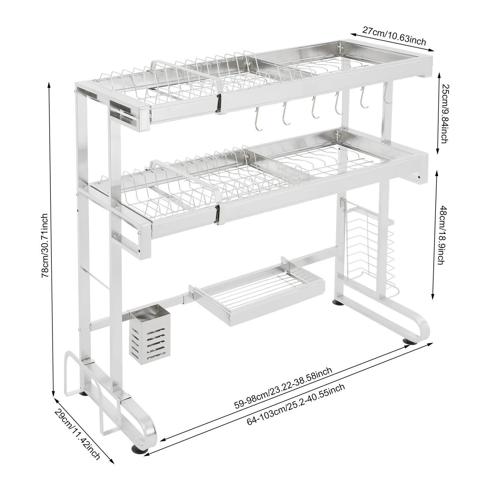 1/2-Tier Over Sink Dish Drying Rack Stainless Steel Dish Drying Rack Expandable Over Kitchen Sink Organizer
