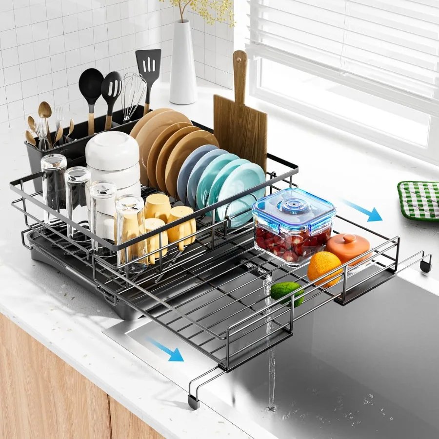 Dish Drying Rack Expandable Rack Large Capacity Dish Drainer for Kitchen Counter RustProof with Utensil Holder Black