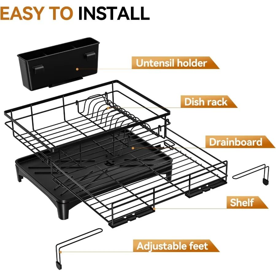 Dish Drying Rack Expandable Rack Large Capacity Dish Drainer for Kitchen Counter RustProof with Utensil Holder Black