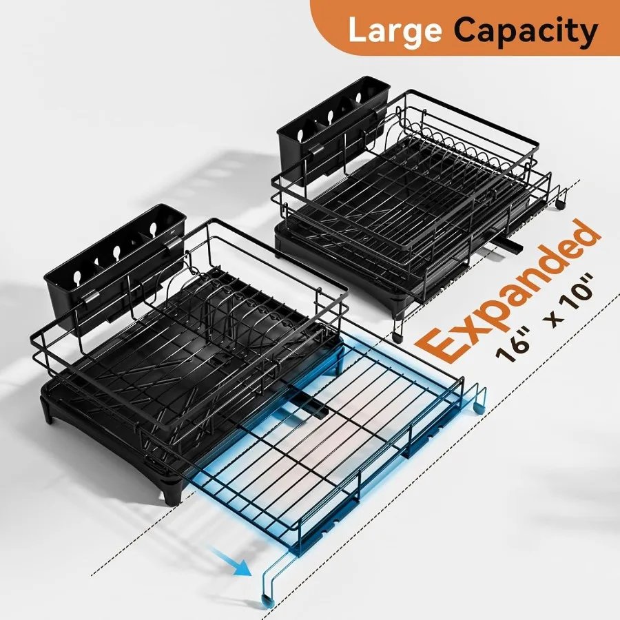 Dish Drying Rack Expandable Rack Large Capacity Dish Drainer for Kitchen Counter RustProof with Utensil Holder Black