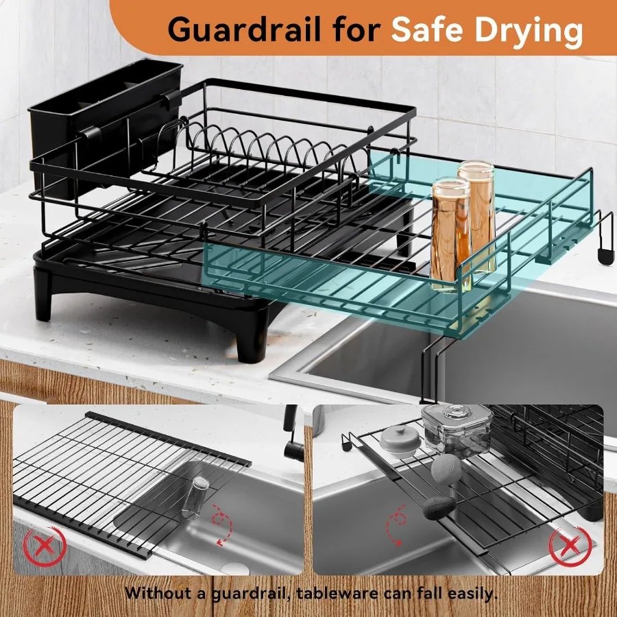 Dish Drying Rack Expandable Rack Large Capacity Dish Drainer for Kitchen Counter RustProof with Utensil Holder Black