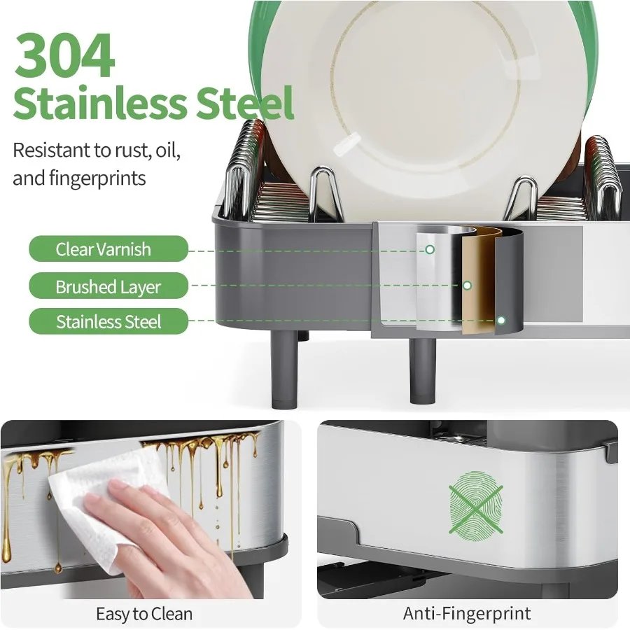 Expandable Dish Drying RackFoldable 304 Stainless Steel Dish Rack with Dual Parts Extendable Dish Drainer Rack for Kitchen Coun