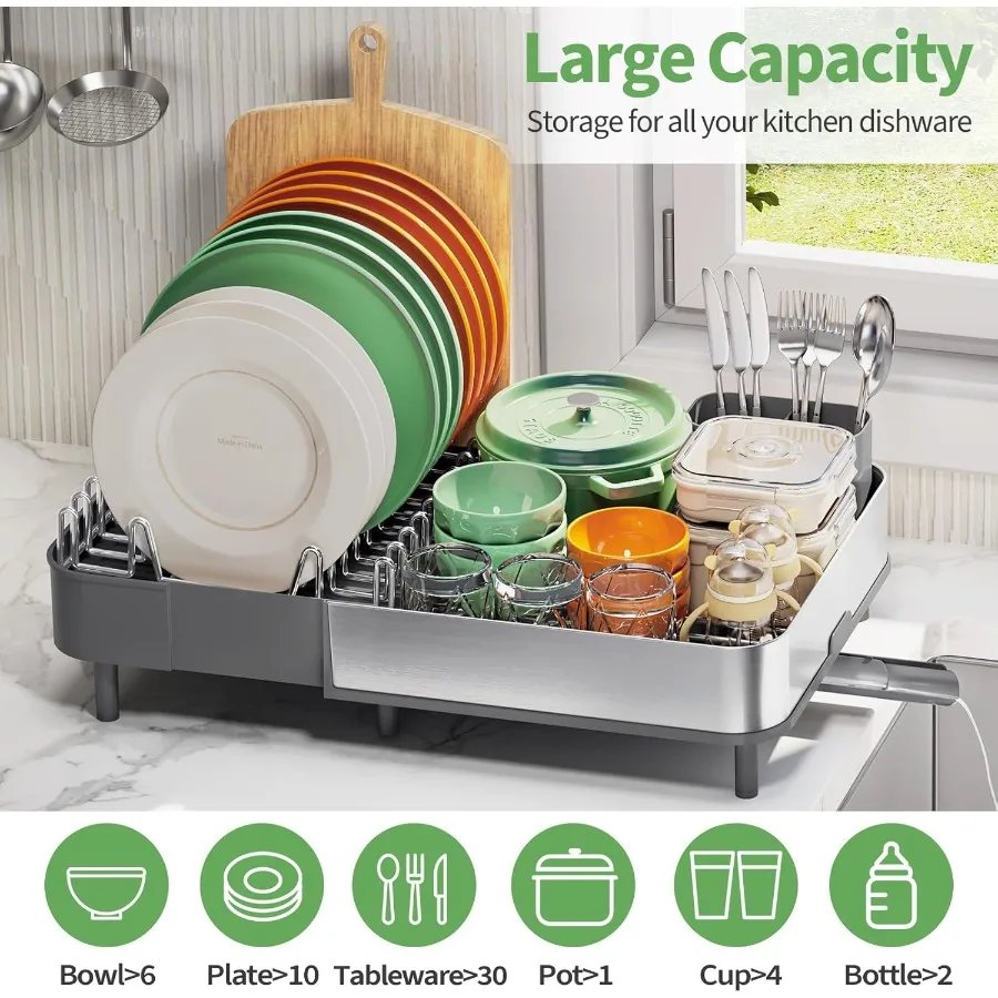 Expandable Dish Drying RackFoldable 304 Stainless Steel Dish Rack with Dual Parts Extendable Dish Drainer Rack for Kitchen Coun