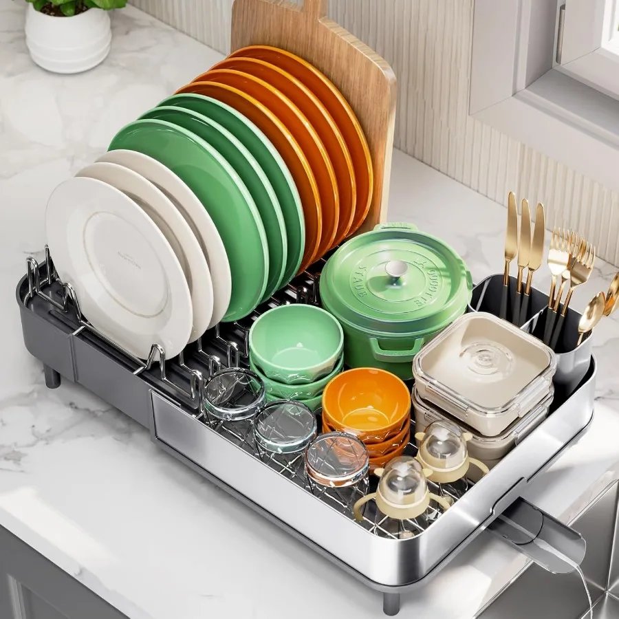 Expandable Dish Drying RackFoldable 304 Stainless Steel Dish Rack with Dual Parts Extendable Dish Drainer Rack for Kitchen Coun