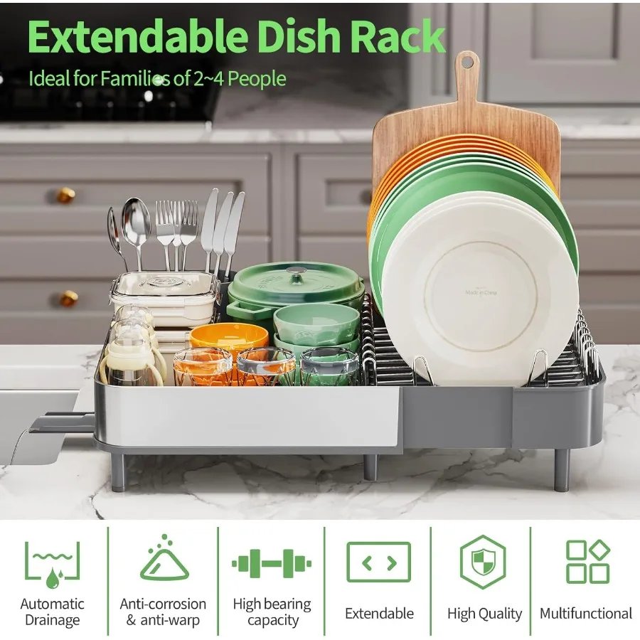 Expandable Dish Drying RackFoldable 304 Stainless Steel Dish Rack with Dual Parts Extendable Dish Drainer Rack for Kitchen Coun