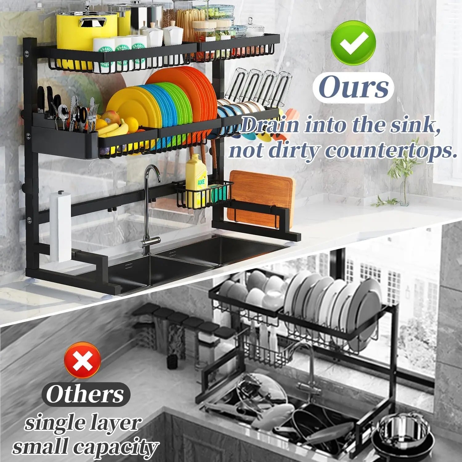 Over The Sink Dish Drying Rack (Expandable Height and Length) Snap-On Design 2 Tier Large Dish Rack Stainless Steel