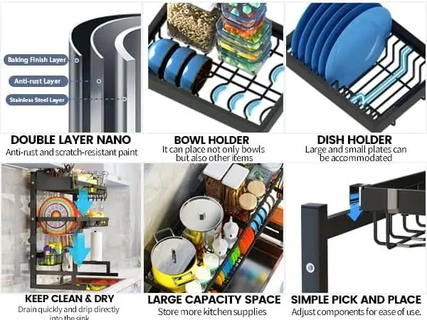 Over The Sink Dish Drying Rack (Expandable Height and Length) Snap-On Design 2 Tier Large Dish Rack Stainless Steel