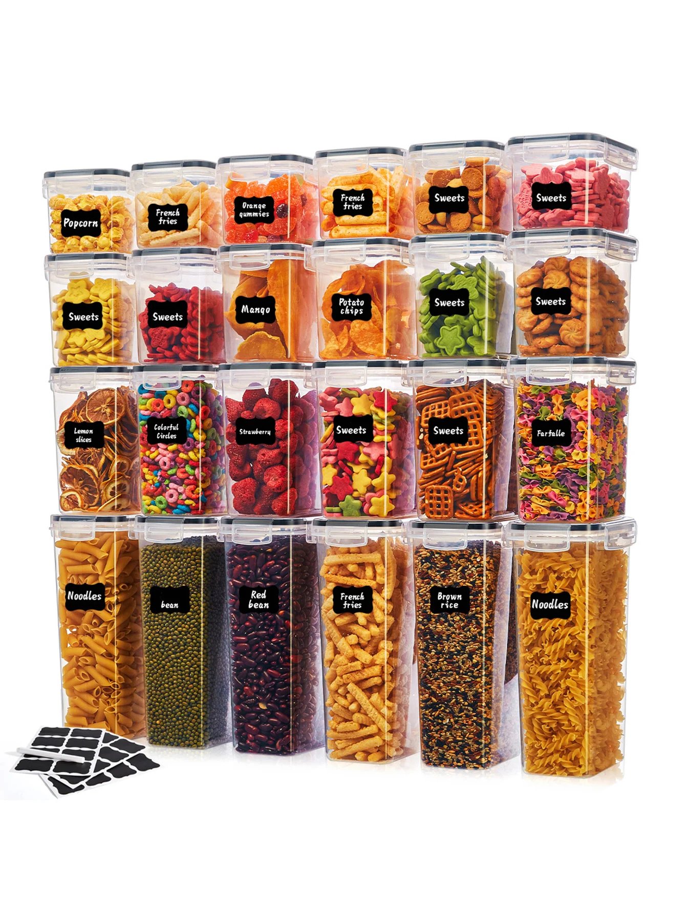 24pcs New Kitchen Sealed Storage Box Set Dry Food Storage For Sugar, Flour, Baking PP Material Comes with Convenience Stickers