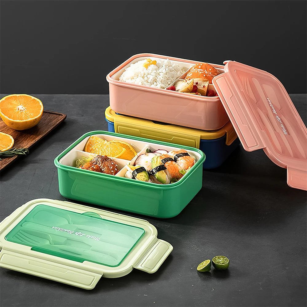 Lunch Box 3 Cells Microwave Dinnerware Food Storage Container Lunch Box Reusable Tableware Containers with spoon knife and fork