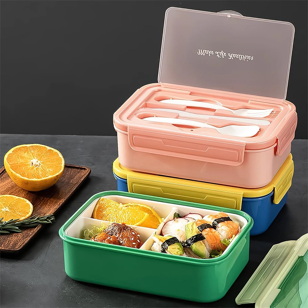 Lunch Box 3 Cells Microwave Dinnerware Food Storage Container Lunch Box Reusable Tableware Containers with spoon knife and fork