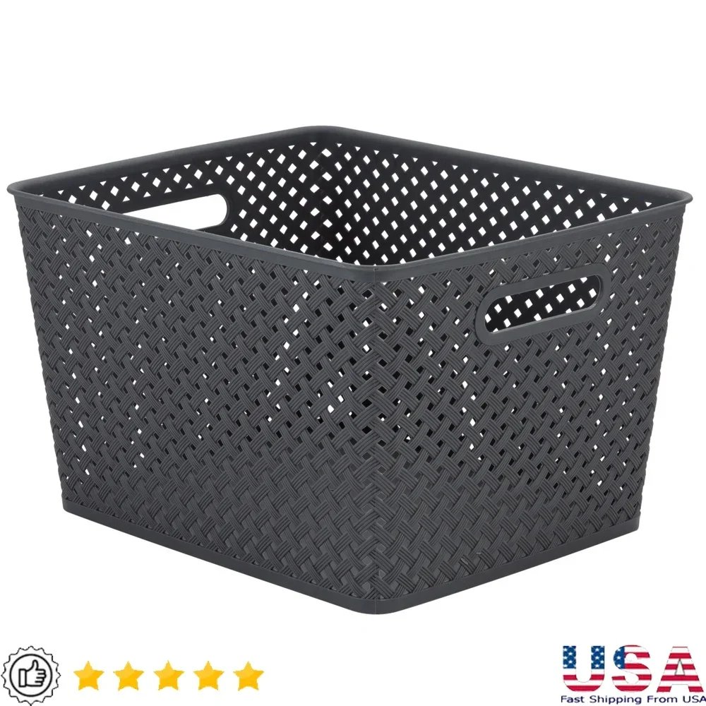 Large Gray Resin Wicker Storage Bin Lightweight Organizing Baskets with Handles Home Storage Solution Toy Book Organizer Large Gray Resin Wicker Storage Bin Lightweight Organizing Baskets with Handles Home Storage Solution Toy Book Organizer