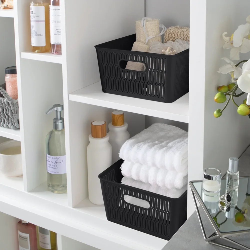 Slide 2 Stack It Plastic Storage Tote Baskets 2 Pack Stackable Organizing Bins with Handles Maximize Storage Space Home