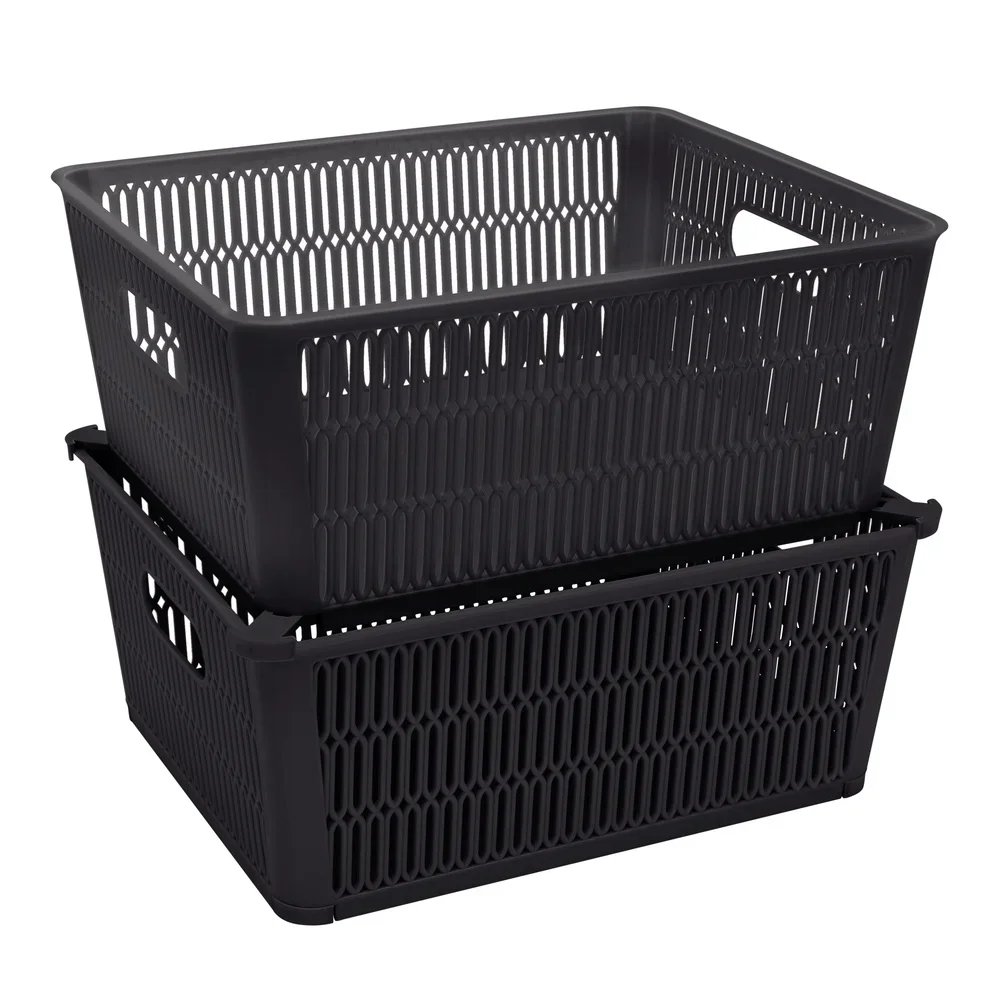 Slide 2 Stack It Plastic Storage Tote Baskets 2 Pack Stackable Organizing Bins with Handles Maximize Storage Space Home