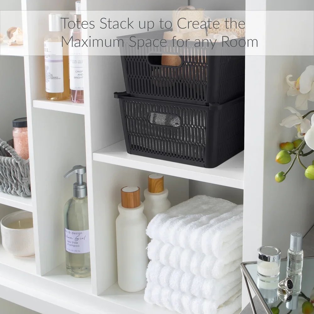 Slide 2 Stack It Plastic Storage Tote Baskets 2 Pack Stackable Organizing Bins with Handles Maximize Storage Space Home