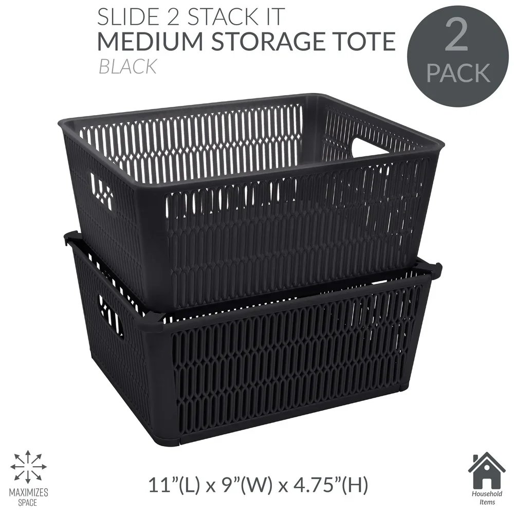 Slide 2 Stack It Plastic Storage Tote Baskets 2 Pack Stackable Organizing Bins with Handles Maximize Storage Space Home